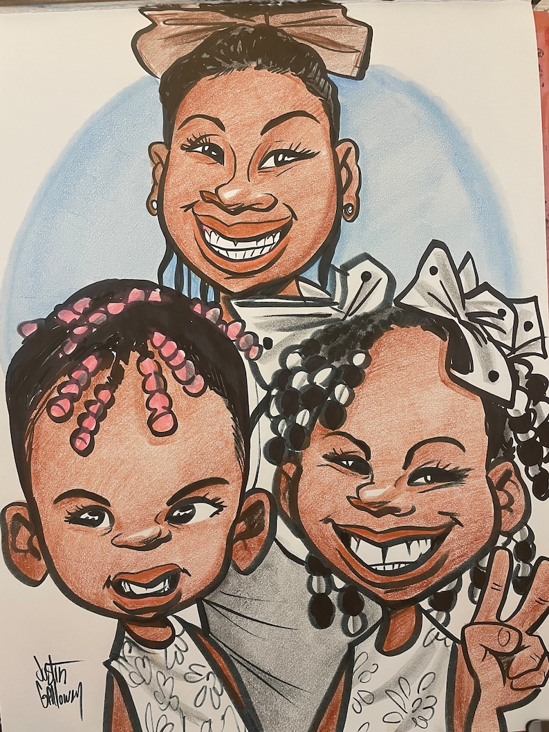 May include: A caricature drawing of three people, a woman and two girls. The woman is wearing a brown bow in her hair and a white shirt. The girls are wearing white dresses with floral patterns. The girl on the left has pink beads in her hair and the girl on the right has a white bow in her hair.
