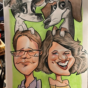 May include: A caricature drawing of a couple with two dogs. The couple is smiling and the dogs are looking up at them. The drawing is done in a cartoon style with exaggerated features. The background is a light green color.