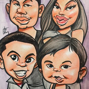 May include: A caricature drawing of a family of four. The father has short black hair and is wearing a gray shirt. The mother has long black hair and is wearing a gray shirt. The two children have short black hair and are wearing casual clothing.