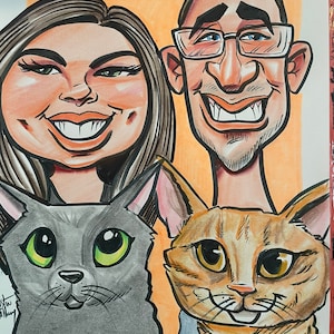 May include: A caricature drawing of a couple with their two cats. The woman has long brown hair and is wearing a white shirt. The man has short brown hair and is wearing a blue shirt. The cats are a gray tabby and a brown tabby.