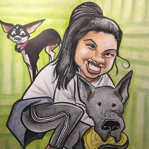 1 Person and 2 Pets Caricature Portrait