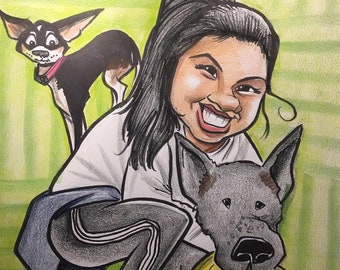 1 Person and 2 Pets Caricature Portrait