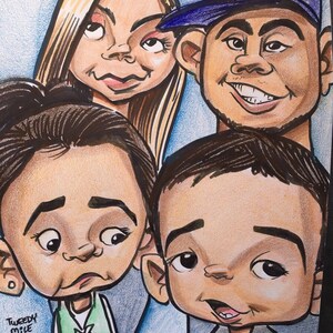 May include: A caricature drawing of four people. The woman has blonde hair and is wearing a green shirt. The man is wearing a blue baseball cap with the LA logo. The two children are wearing casual clothing.