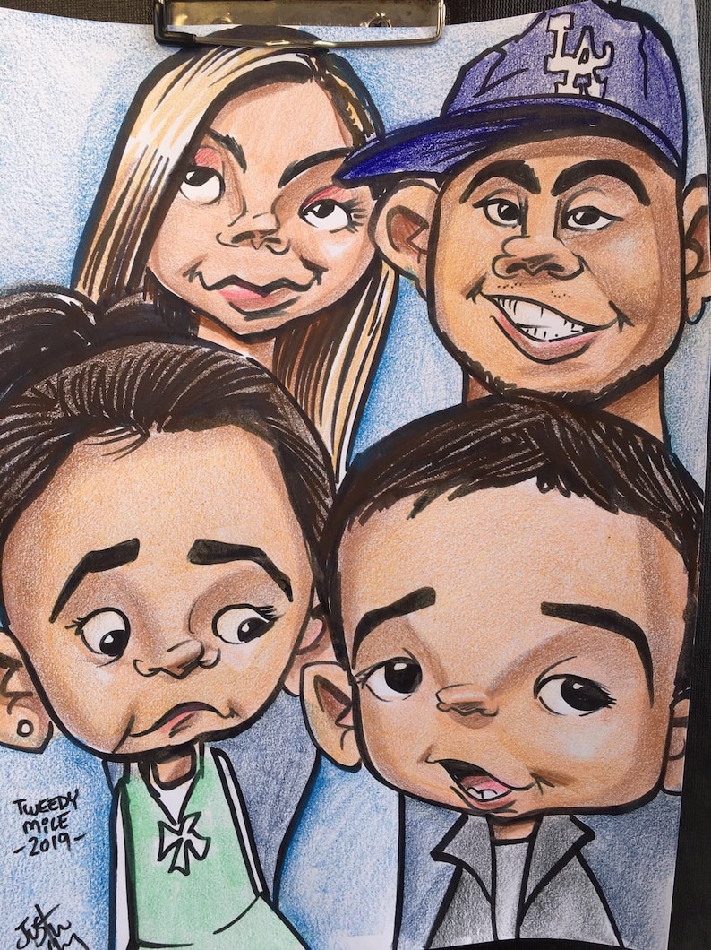 May include: A caricature drawing of four people. The woman has blonde hair and is wearing a green shirt. The man is wearing a blue baseball cap with the LA logo. The two children are wearing casual clothing.