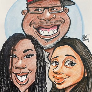 May include: A caricature drawing of a family with a father wearing a red and black baseball cap with a black bird logo, a daughter with long black braids, and a daughter with long black hair. The father is smiling with his mouth open, and the daughters are smiling with their mouths closed.