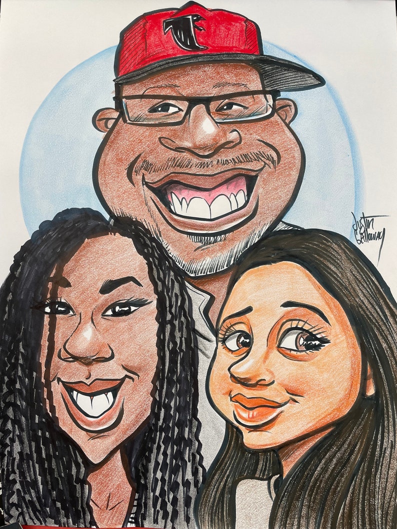 May include: A caricature drawing of a family with a father wearing a red and black baseball cap with a black bird logo, a daughter with long black braids, and a daughter with long black hair. The father is smiling with his mouth open, and the daughters are smiling with their mouths closed.
