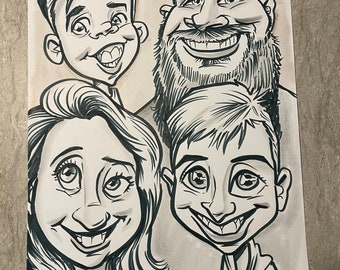 4 Faces Black and White Caricature Portrait