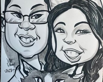 3 Faces Black and White Caricature Portrait