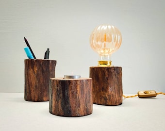 Set di Lampada, Porta Candela, Portapenne in legno riciclato