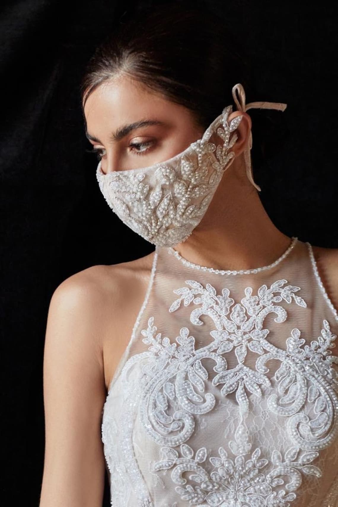 Bridal Beaded Rococo Cosette Fashion Mask Nude/Off-White