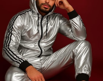 Silver Shiny Spandex Tracksuit Athletic Jogger Set