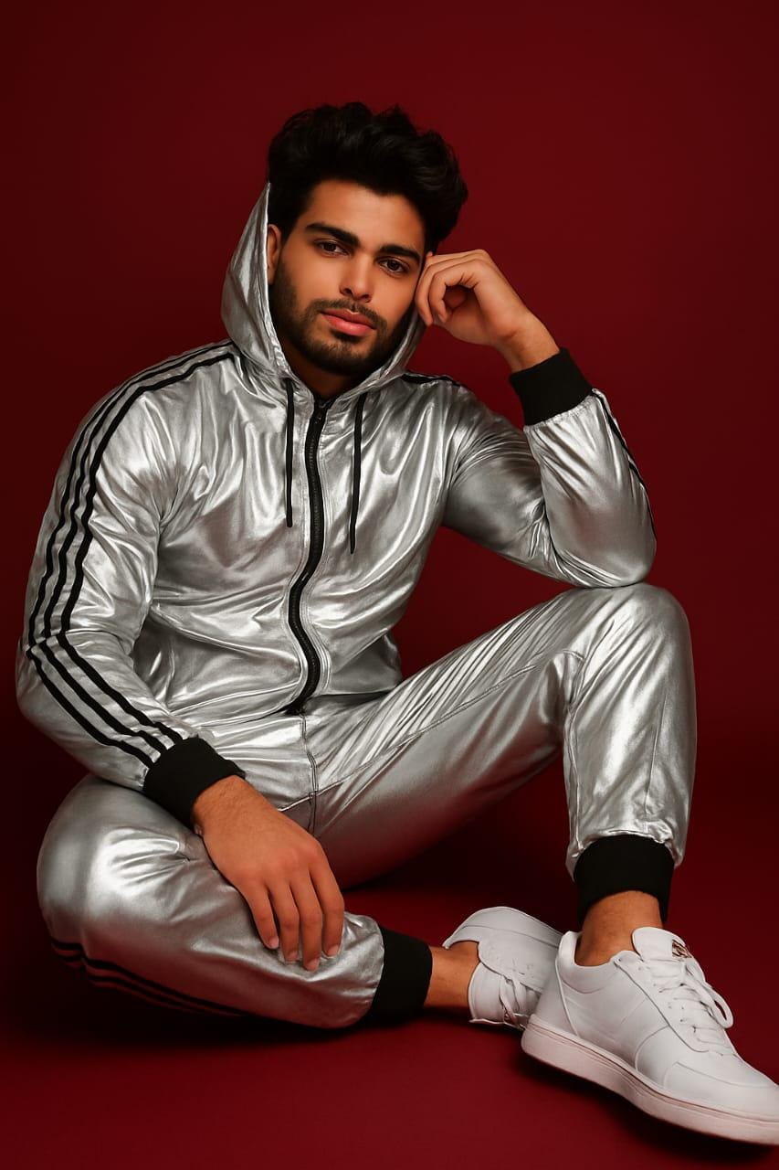 Silver Shiny Spandex Tracksuit Athletic Jogger Set