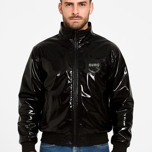 Glansig svart bomberjacka i PU-läder – Shiny Vinyl Streetwear Unisex Ytterkläder