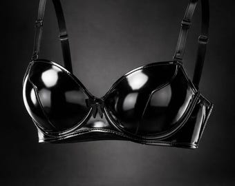 Conjunto de sujetador y braguita de charol negro / Lencería de PU de alto brillo