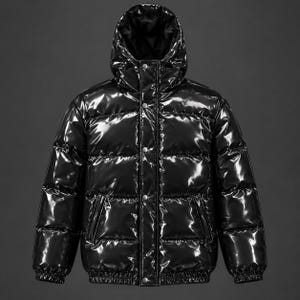 Glansig svart täckjacka, quiltad streetwear-kappa med huva (unisex)