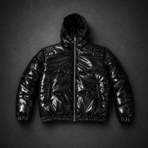May include: A black puffer jacket with a high-gloss, patent-like finish. This quilted outerwear features a full-length silver-tone front zip, a hood with a drawstring, long sleeves with elasticated cuffs, and two side pockets with zip closures.