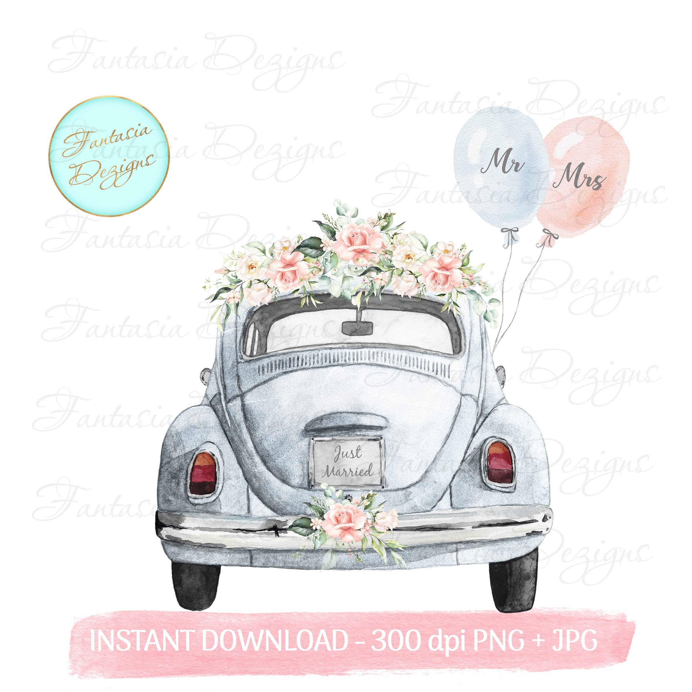 Just Married Auto Download Wedding Day Just Married Silver Floral Car Clipart Card - Etsy UK