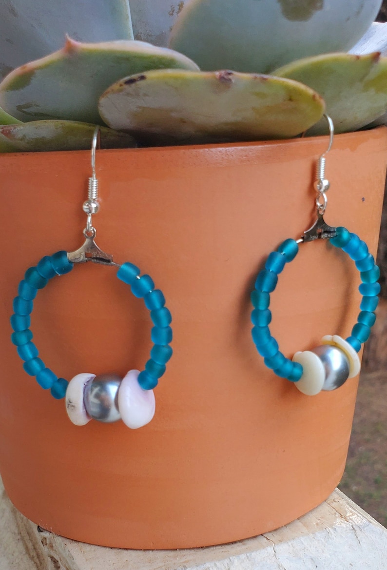 Ocean Blue Sea glass beadsPuka Shell and Pearl Earrings