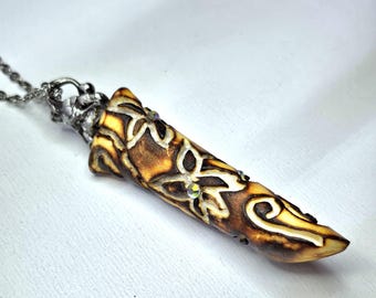 Handcarved Deer Antler Pendant: Natural Point, Stainless Steel Chain