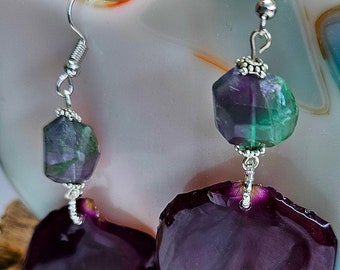 Natural, Dried & Pressed Rose Petal with Flourite Stone Earrings