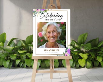 Custom Funeral Welcome Sign, Memorial Photo Sign, Celebration of Life Display, Purple Floral Elegance