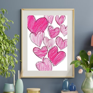 Pink Hearts Wall Art | Graffiti Art Graffiti Hearts room decorDorm Decor Prints | Scribble Hearts Colorful, Trendy Funky poster