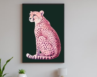 Konsttryck med rosa gepard: Smaragdgrön maximalistisk dekor (digital nedladdning)