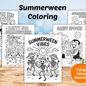 Op de afbeelding: Zwart-wit kleurplaten met een Summerween-thema. De pagina's tonen strandscènes met skeletten, vleermuizen en een vampier. De tekst bevat "Summerween Coloring", "Catch the Wave" en "5 pages instant download".