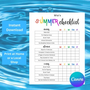 Printable Editable SUMMER Daily Checklist for Kids, Chore Chart for Kids, Summer Rules, Summer Routine, Monday - Friday Instant Download