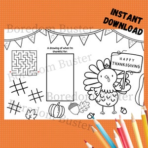 Kids Thanksgiving Placemat | Thanksgiving Coloring Activity Page | Dinner Placemat Printable Activity Digital Download for Fall 17 x 11 in