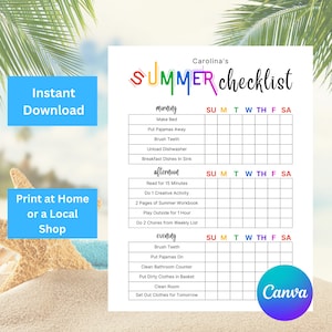 Printable Editable SUMMER Daily Checklist for Kids, Chore Chart for Kids, Summer Rules, Summer Routine, Sunday - Saturday Instant Download