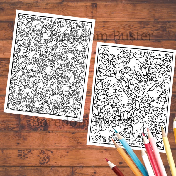 Cute Cats Coloring Printable Page | Download Fun for Kids and Adults | Exotic Coloring Page | Cat Lover Craft