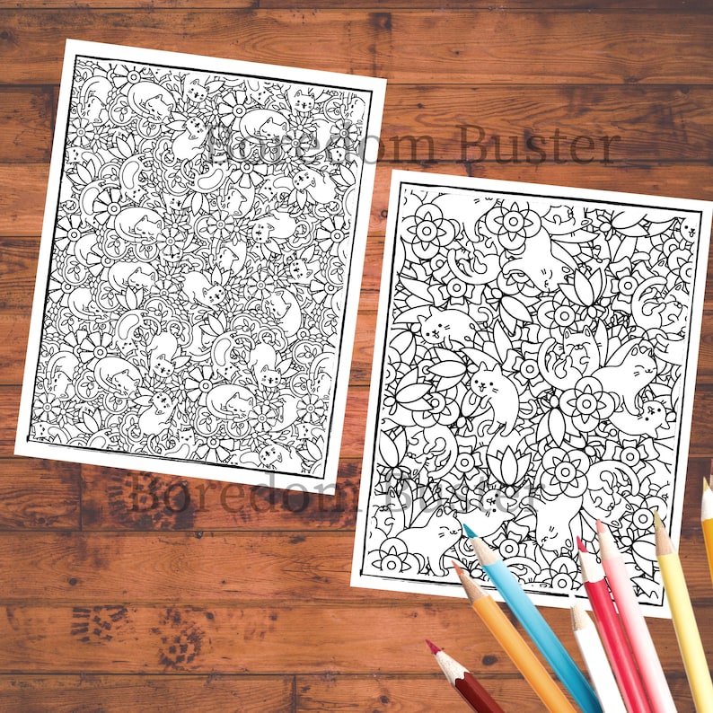 May include: Two black and white coloring pages featuring intricate designs of cats and flowers. The pages are printed on white paper and are ready to be colored.