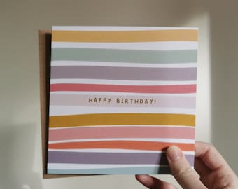 Pastel Stripes Birthday Card, Digitally Illustrated, Celebration Card, Square Card