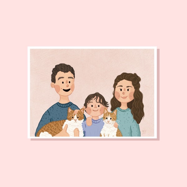 Geïllustreerd aangepast portret van huisdier en persoon/eigenaar, A4 Art Print, familieportret, cadeau-idee, digitale illustratie