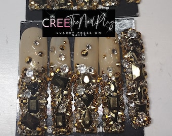 Custom Handmade XL Beige Gold Rhinestone Bling Reusable Press On Gel Nails
