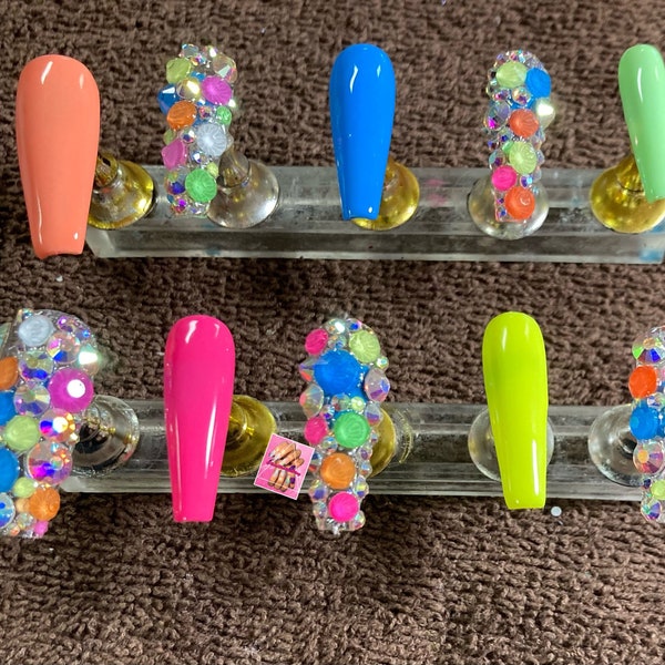 Play Date Press On Nail Set Custom Made Colorful Bling Nails Pink Blue Orange Green Neon Yellow Rainbow Reusable Nails Beauty Gifts For Her