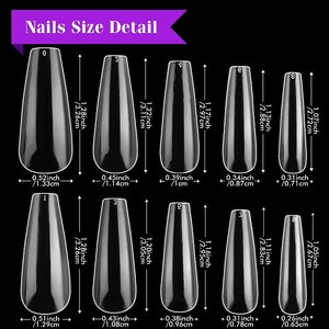 May include: A set of ten clear plastic false nails in various sizes. The nails are shaped like a coffin with a pointed tip. The sizes are labeled with numbers and measurements in inches and centimeters.