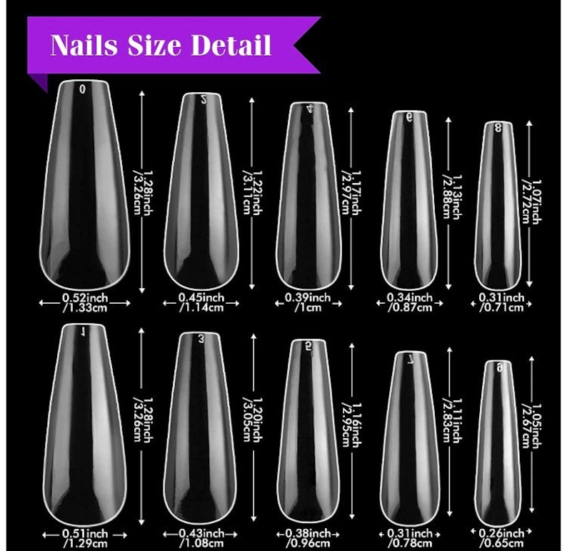 May include: A set of ten clear plastic false nails in various sizes. The nails are shaped like a coffin with a pointed tip. The sizes are labeled with numbers and measurements in inches and centimeters.