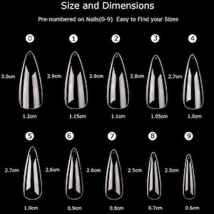 May include: A set of ten clear acrylic false nails in different sizes, numbered 0-9. Each nail is shaped like a stiletto and has measurements in centimeters for length and width.