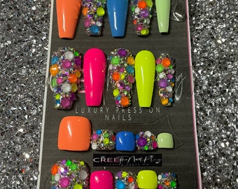 Bright Rainbow Neon Press On Gel Coffin Nails Cute for Summer Inspired Colorful Bling Rhinestone Handmade Custom Reusable Fake GlueOn Nails