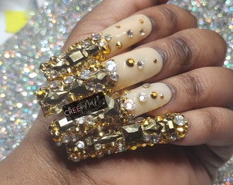 Summer XXL Custom Handmade XL Beige Gold Rhinestone Bling Reusable Press On Gel Nails