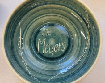 1972 Grean and White ceramic bowl personalized with the Meyers name by S. Kellogg