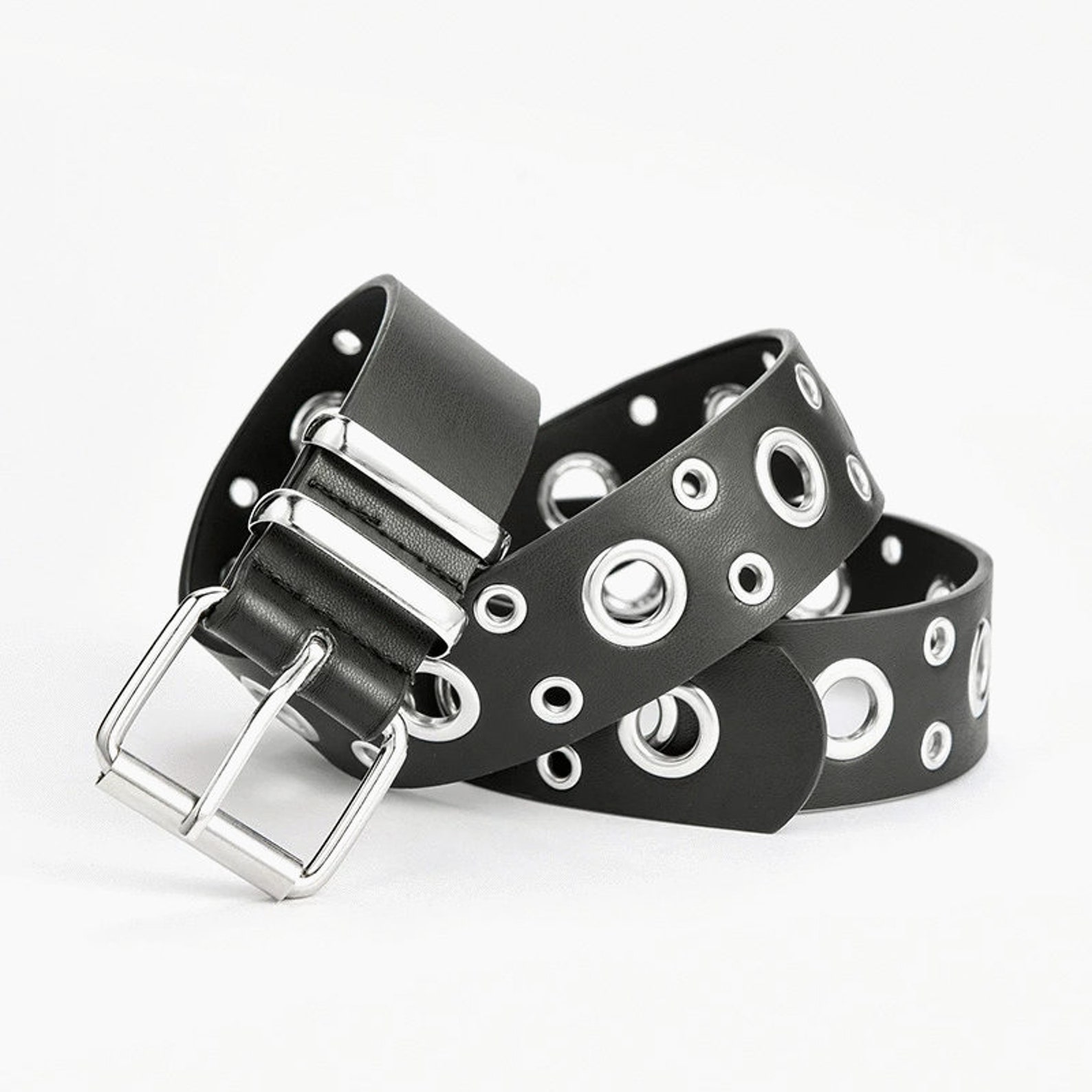 Black Leather Double Row Grommet Belt Punk Chain Belt Y2K Etsy