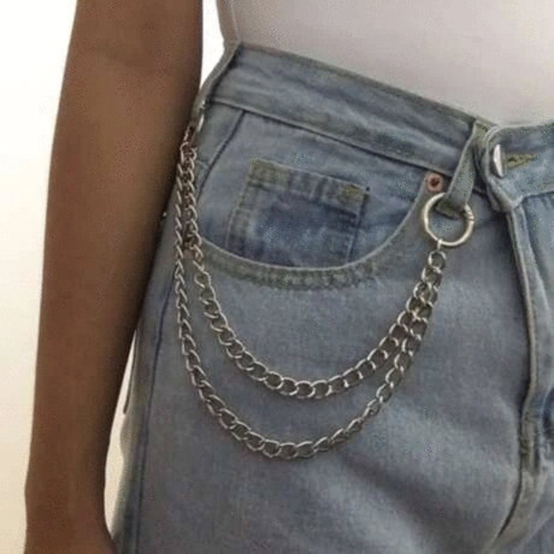 Chain Belt O Ring Charm Metal Men Waist KeyChains HipHop Gothic Punk Pants Trousers Jeans Wallet Key Ring 2 Layer Multi-functional Chains 