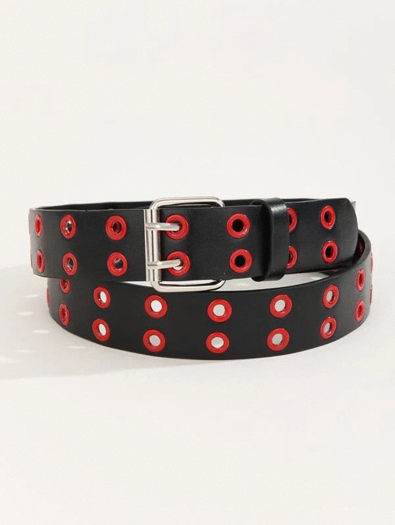 Grommet Belt Chain Belt Black Leather Double Row Grommet Belt Etsy