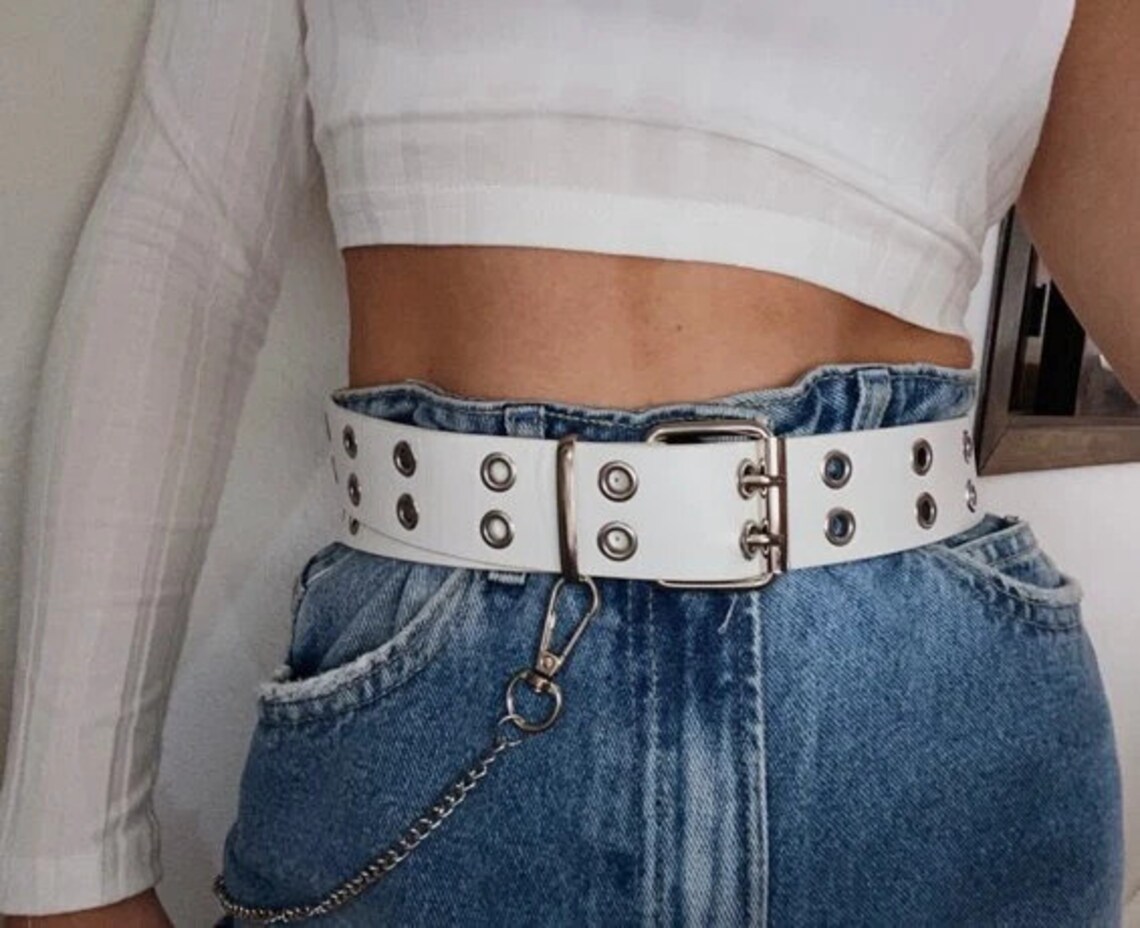Grommet Belt Chain Belt White Leather Double Row Grommet Belt | Etsy
