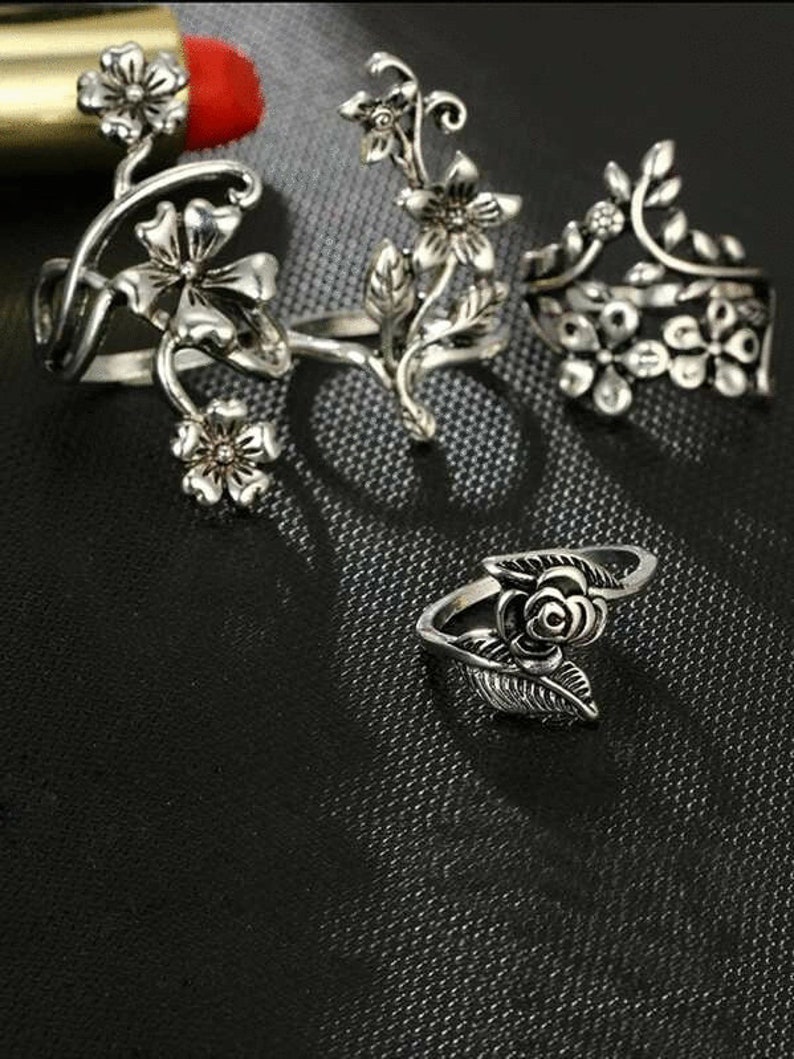 Gothic Punk Rings Stackable Flower Antique Silver Color | Etsy