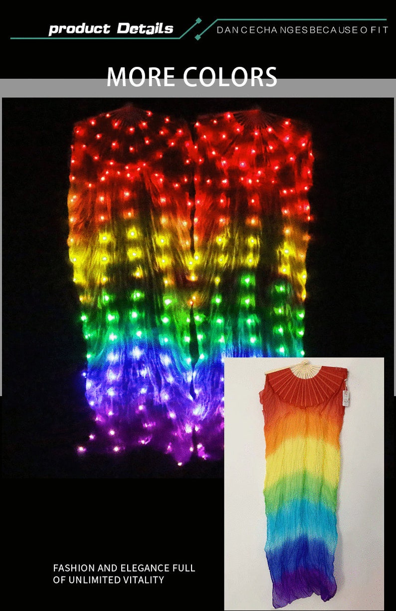 Led Fan Silk Veil Fan Dance Long Fans 100% Silk Women Dance Performance Rainbow USA Free 2-4 day delivery 