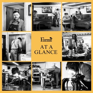 Collage of photos of Tim at work in the workshop, making various items and using different machines. With the Forme Logo in the middle and TEXT 'AT A GLANCE'